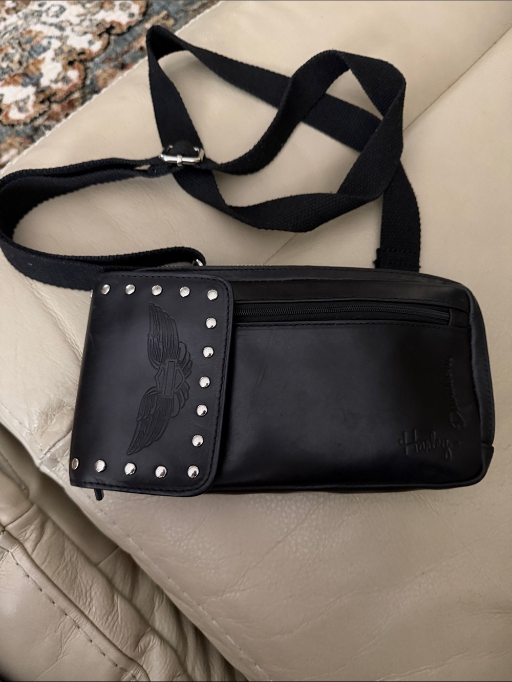 Harley-Davidson Black Leather Belt/Crossbody Bag with Studded Flap
